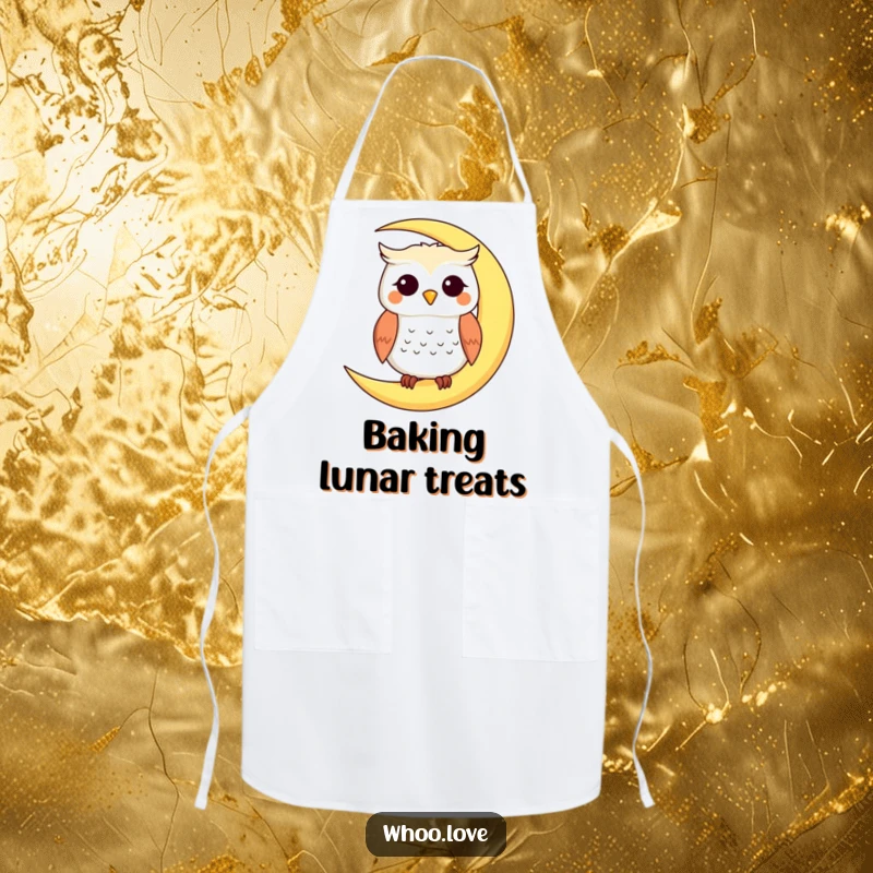 Funny cooking apron featuring a smiling owl perched on a crescent moon, adding a magical touch to meal prep, a funny gift.