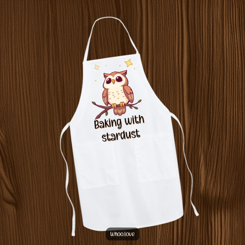 Funny kitchen apron with a cheerful owl perched on a branch, admiring a beautiful starry night sky.