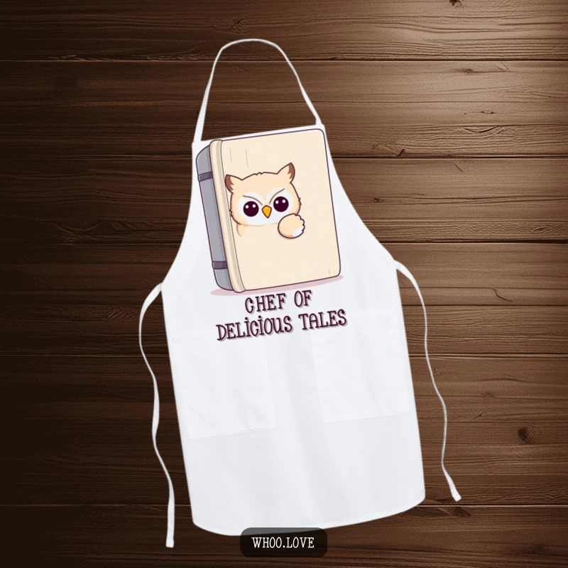 Funny kawaii owl apron with a cute owl peeking from a book, designed for chefs and home cooks who love humor while preparing meals.