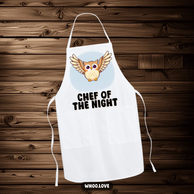Funny owl apron showing a happy owl character soaring through the night sky, wings spread wide, adding a touch of joy to kitchen tasks.