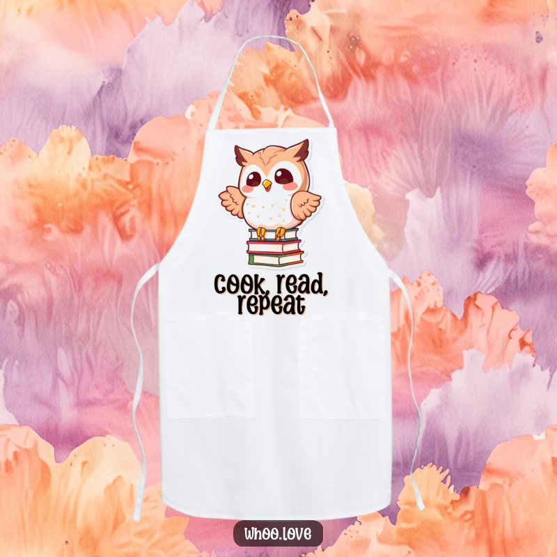 Funny kawaii owl in a dynamic pose, balancing a stack of books while wearing a chef's hat, on a functional kitchen apron.