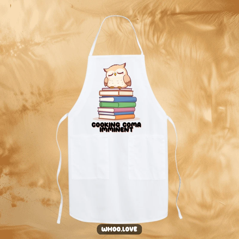 Funny sleepy owl apron, showing an owl dozing on a stack of books, a charming and functional kitchen accessory for book-loving chefs.