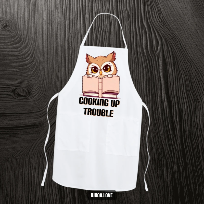 Funny apron, a mischievous owl character peeking from behind a large book, wearing a kitchen apron humorously.