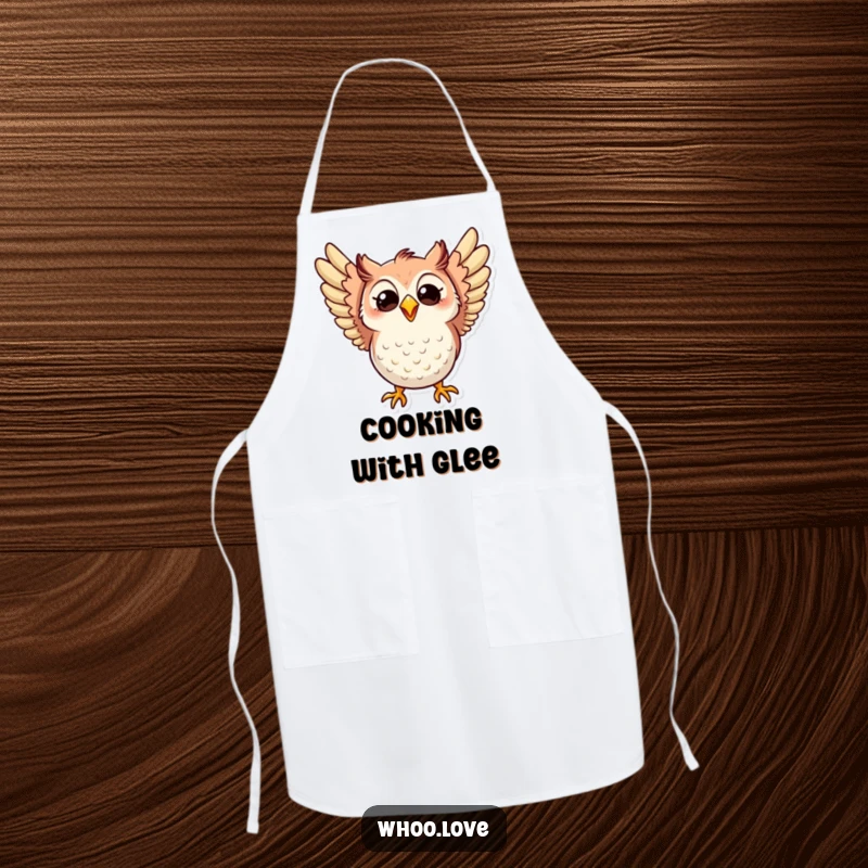 Funny apron with an owl flapping its wings excitedly and sporting a wide, cheerful, happy grin, perfect for kitchen joy.