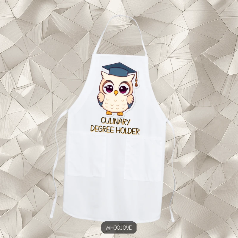 Funny graduation owl apron featuring a wise owl wearing a graduation cap, perfect for kitchen tasks with a touch of academic humor.