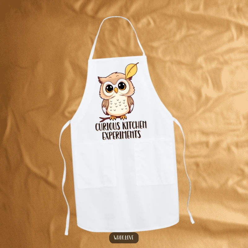Funny cooking apron featuring a curious owl tilting its head at a falling leaf, perfect for mindful cooking, a funny gift.