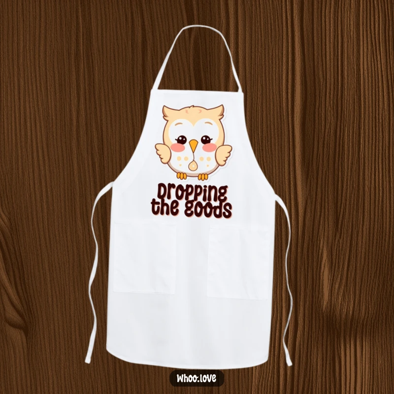 Funny apron featuring a happy owl with a playful glint, dropping a small, shiny object with a mischievous smile.