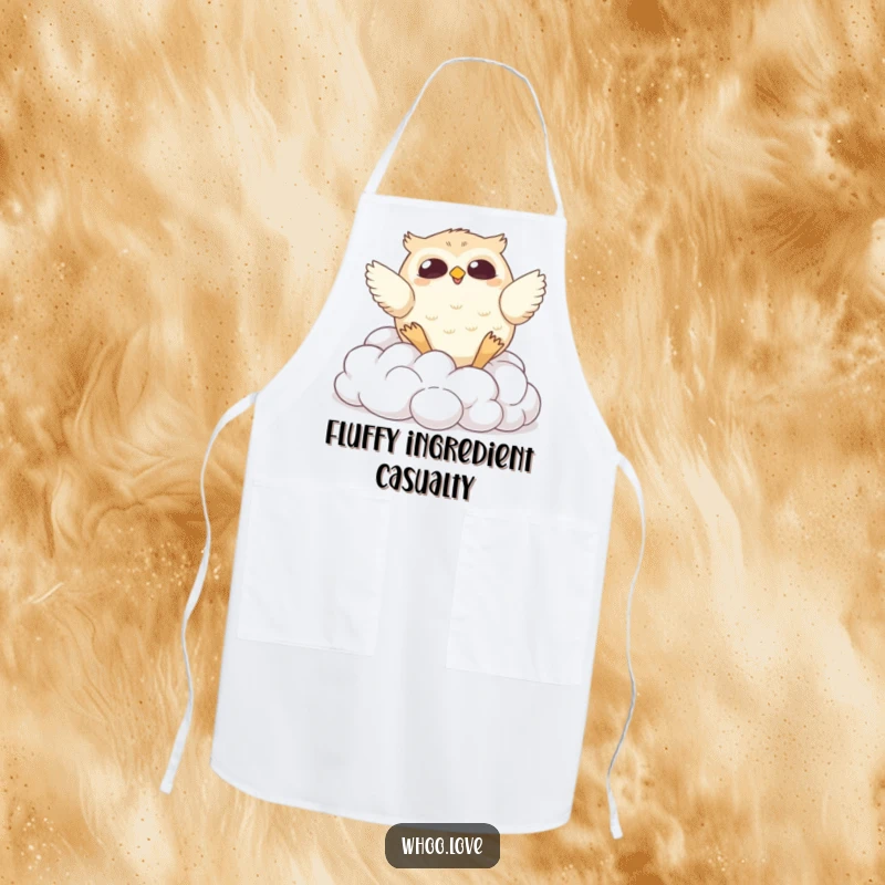 Funny apron displaying a chubby owl comically tumbling down fluffy clouds, ideal for kitchen fun and protecting clothes with a smile.