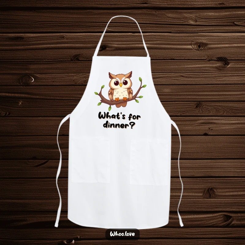 Funny curious owl apron, depicting an owl on a branch with head tilted, a charming and practical kitchen accessory for bird lovers and foodies.