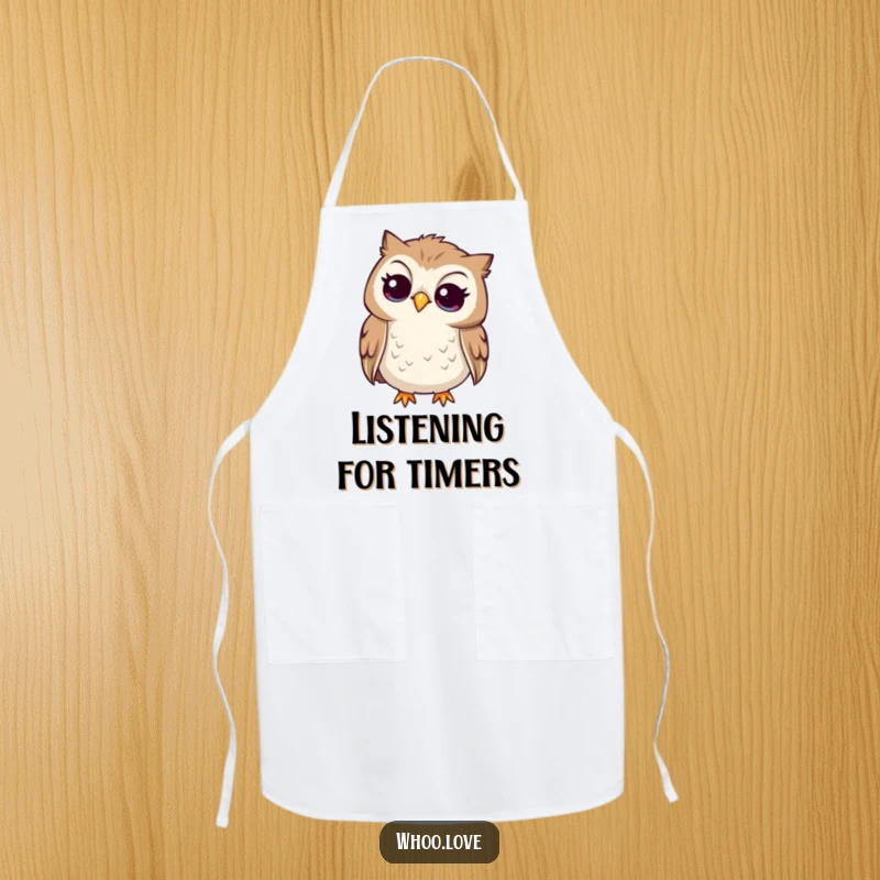 Funny curious owl apron, owl tilting its head to listen intently, ideal for attentive cooking and kitchen tasks.