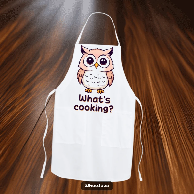 Funny apron showcasing an owl character with its head tilted, looking at the viewer with genuine curiosity.