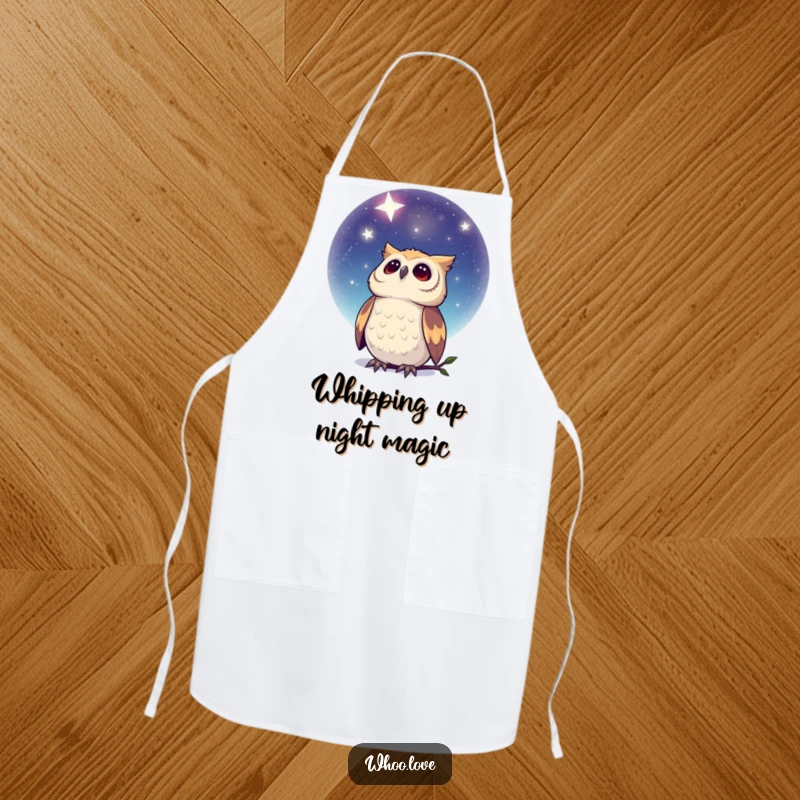 Funny Dreamy Owl Apron: A kitchen apron featuring an owl mesmerized by a beautiful, star-filled night sky, inspiring culinary dreams.