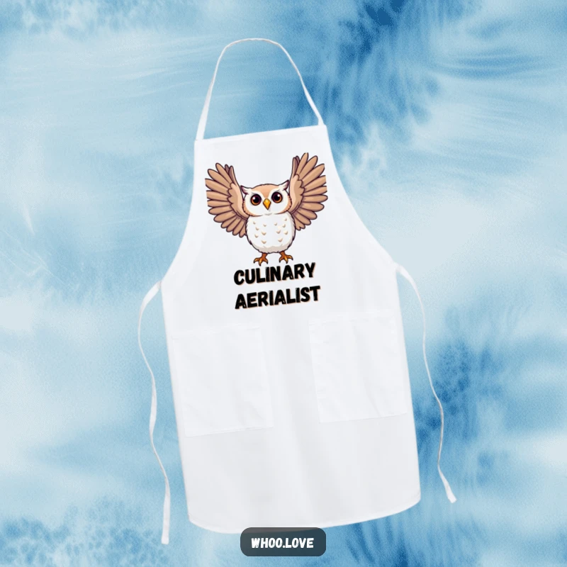 Funny owl apron, a character with large, expressive wings outstretched, kitchen wear for cooks who love freedom.
