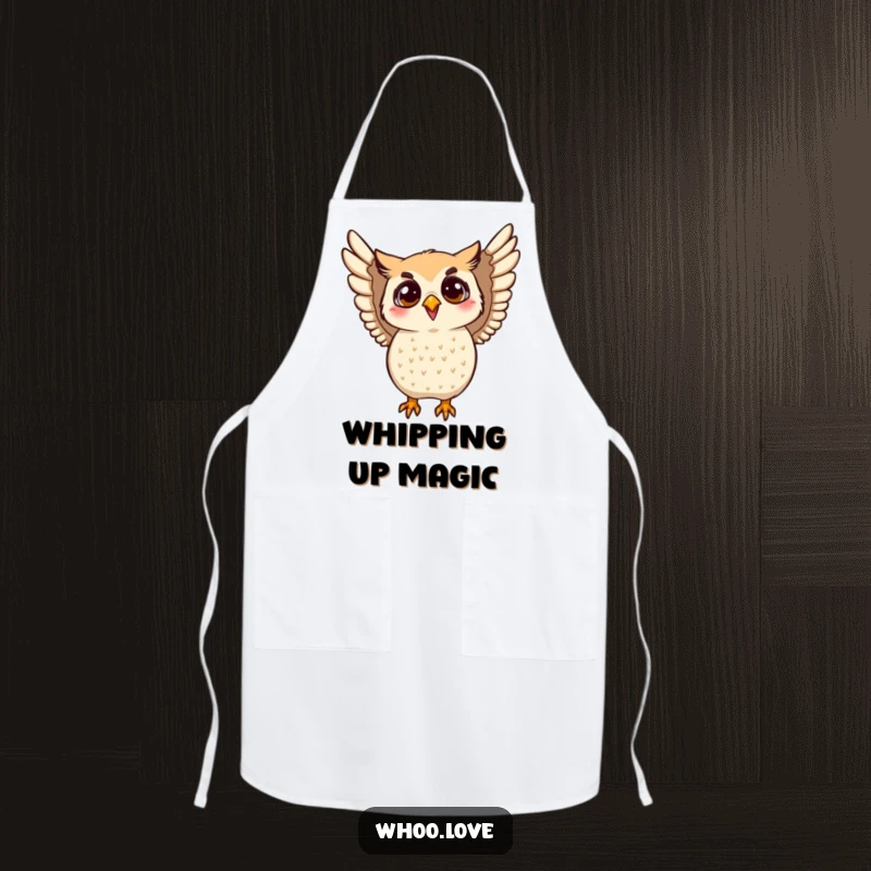 Funny flapping owl apron with wings in energetic motion. A humorous and protective garment for kitchen activities.