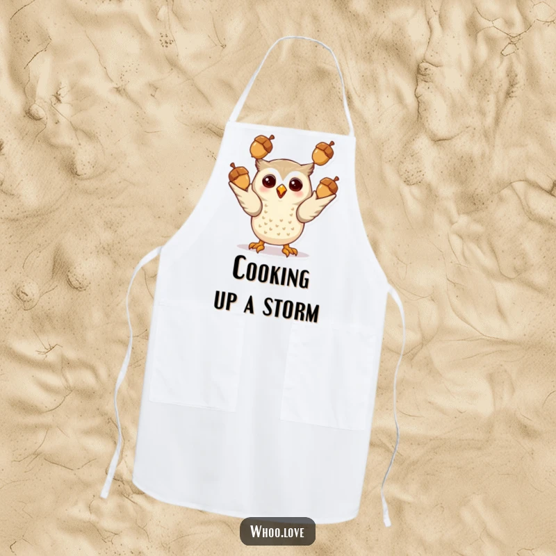 Funny Giddy Owl Apron: A kitchen apron showing an excited owl juggling acorns, making meal prep a fun and entertaining experience.
