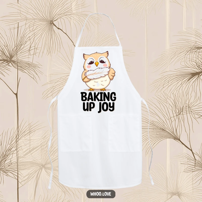 Funny giggling owl apron, showing a delighted owl blowing a feather, a charming and functional kitchen accessory for those who love to laugh.