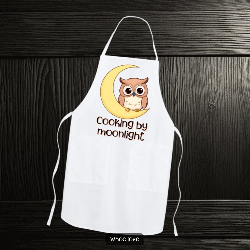 Funny apron with a comical owl, big googly eyes, peeking from behind a giant crescent moon, for a humorous kitchen.