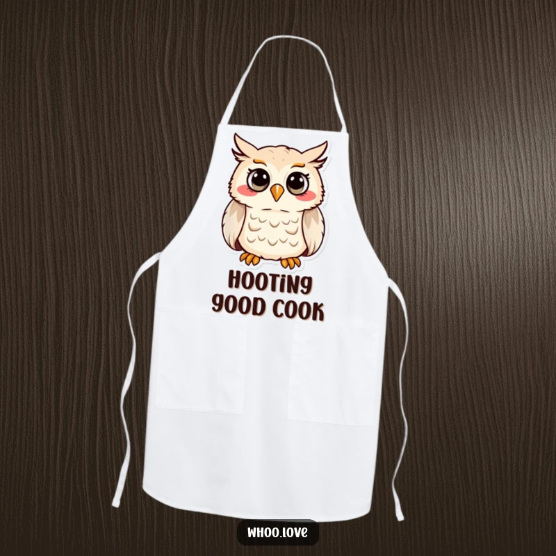 Funny apron showcasing a cheerful owl character performing a delightful hoot, perfect for kitchen duties.