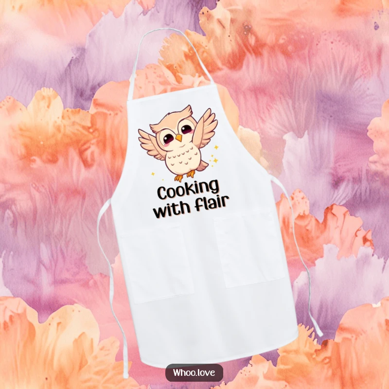 Funny joyful owl apron, showing an owl fluttering its wings with a sparkly trail, a charming and functional kitchen accessory for magical moments.