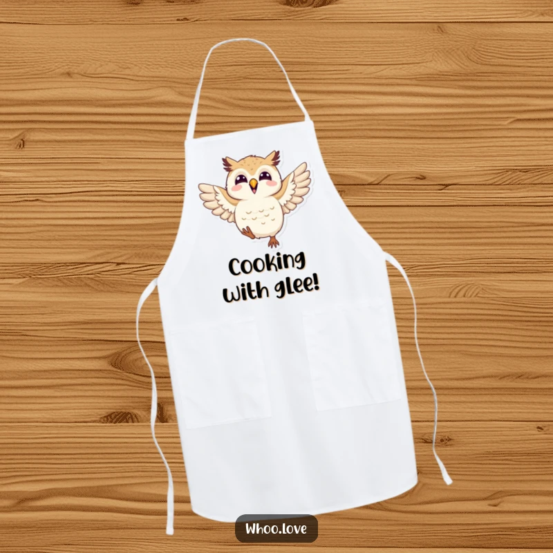 Funny joyful owl apron featuring an owl flapping its wings with glee, perfect for kitchen tasks and spreading happiness.