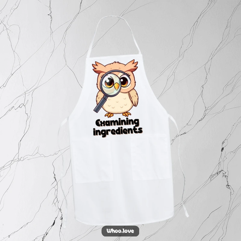 Funny Kawaii owl with curious eyes, peering through a magnifying glass while cooking, a humorous culinary protector, perfect funny gift.