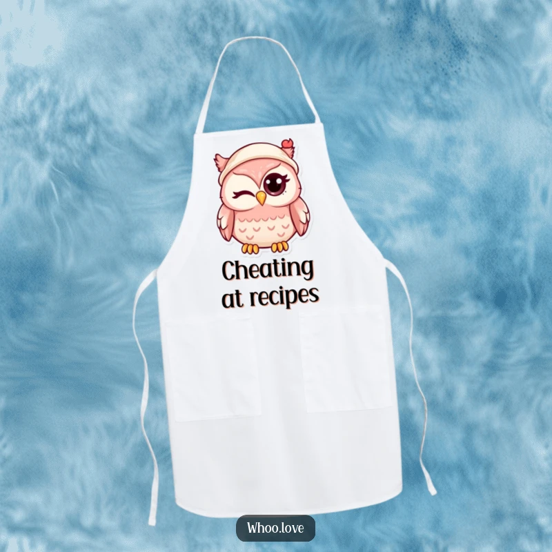Funny kawaii owl winking, wearing a tiny hat, on a functional and stylish kitchen apron for cooking enthusiasts.
