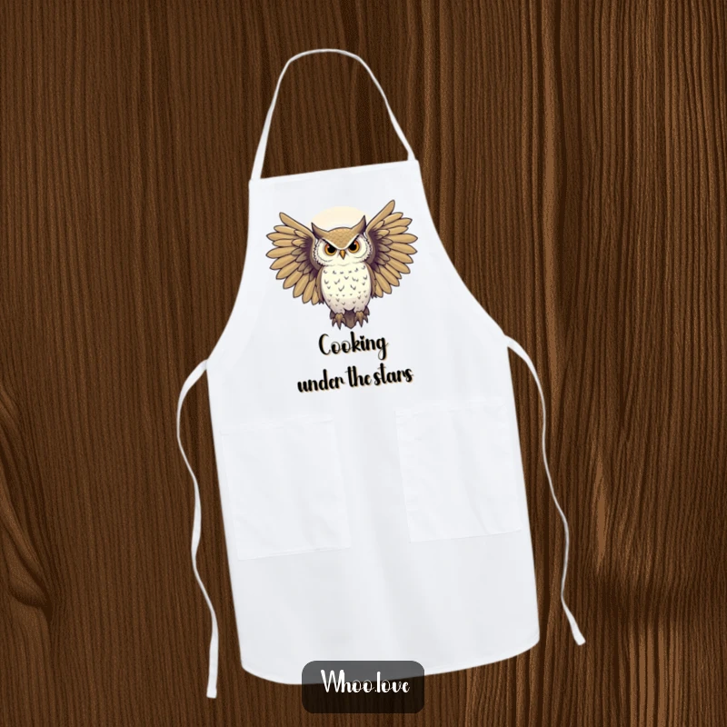 Funny majestic owl with wings spread against a starry night sky, mystical apron, practical and humorous gift for cooks.