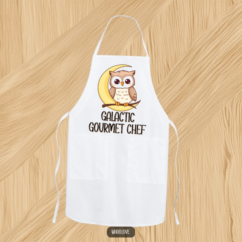 Funny moon owl apron featuring a happy owl perched on a crescent moon, perfect for kitchen tasks with a celestial and humorous touch.
