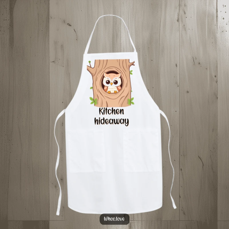 Funny apron featuring a playful owl peeking from a tree hole, adding cheer to kitchen activities.