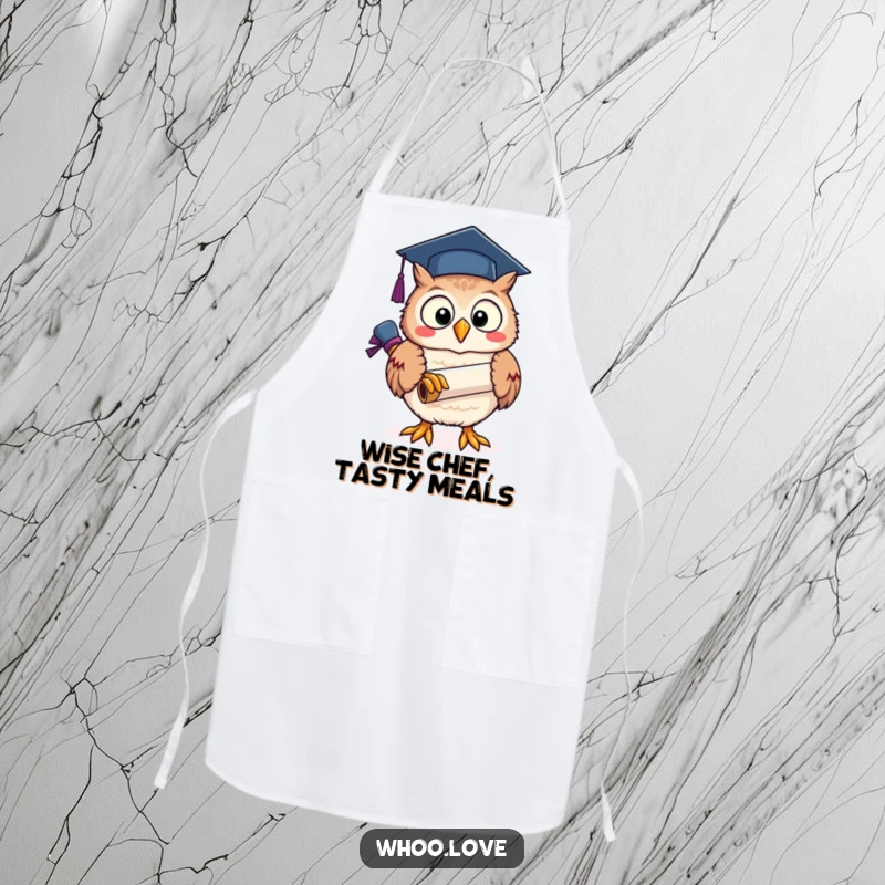 Funny owl character proudly displaying a graduation scroll while wearing a chef's apron, ready for cooking.