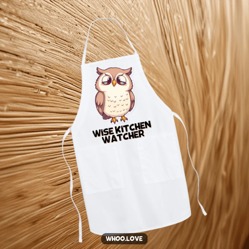 Funny Owl Curiosity Apron showing a wise owl character looking down inquisitively, adding thoughtfulness to the kitchen.