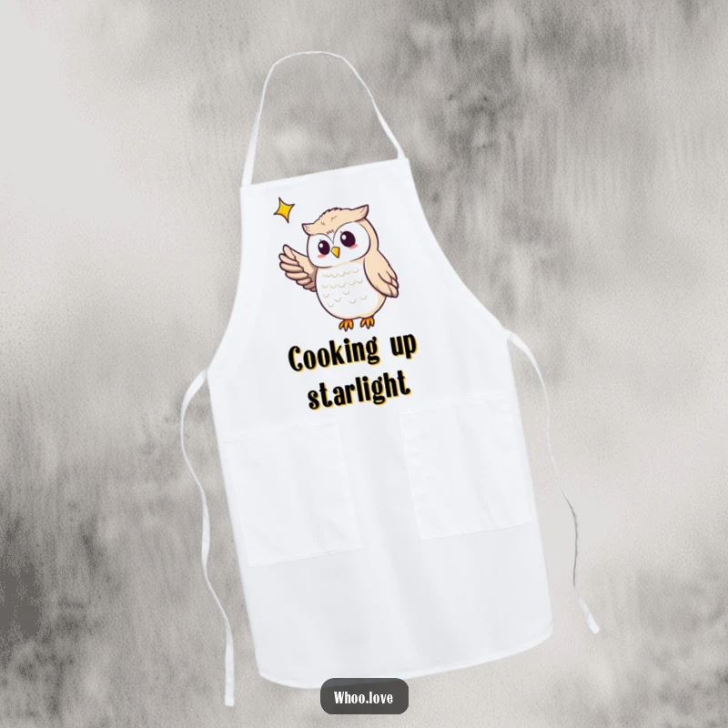 Funny owl apron featuring an owl pointing a wing towards a star, perfect for kitchen fun and celestial cooking.