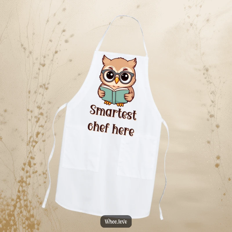 Funny owl apron showing a scholarly owl with glasses reading a book, ideal for kitchen fun and literary enthusiasts.