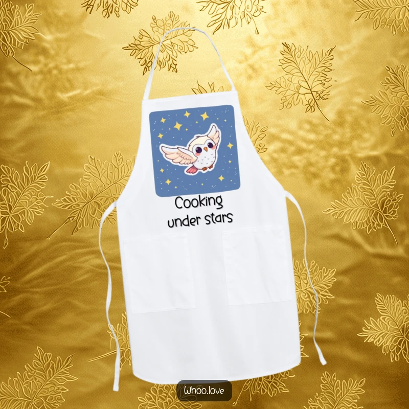 Funny Owl Apron: A joyful owl character swooping through a starry night while cooking, bringing humor and magic to the kitchen.