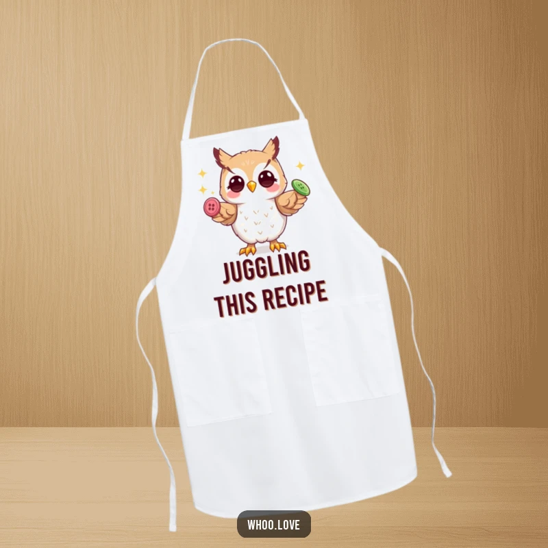 Funny playful owl apron, skillfully juggling three shiny buttons with its talons, ideal for kitchen fun and entertainment.