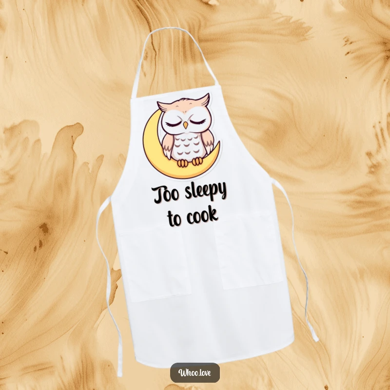 Funny sleepy owl with droopy eyes on a crescent moon, cute nocturnal apron, practical and humorous gift for home cooks.