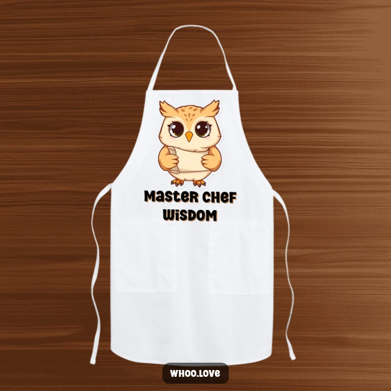 Funny apron adorned with a studious owl character holding a scroll, bringing a wise and humorous vibe to cooking tasks.