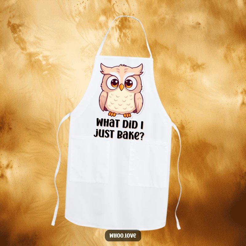 Funny surprised owl apron showing an owl with wide, shocked eyes. A humorous and protective garment for kitchen activities.