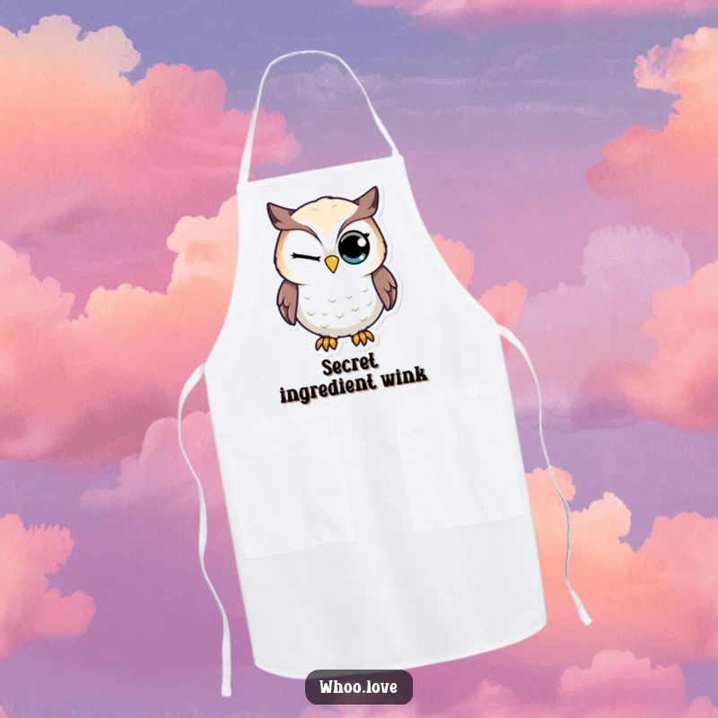 Funny apron designed with a charming owl character slyly winking one large eye, ready for kitchen adventures.