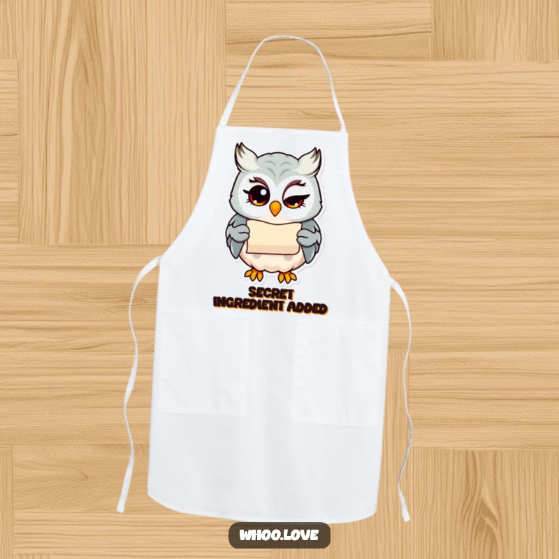 Funny owl with a wink holding a small scroll, mischievous apron, practical and humorous gift for cooks.