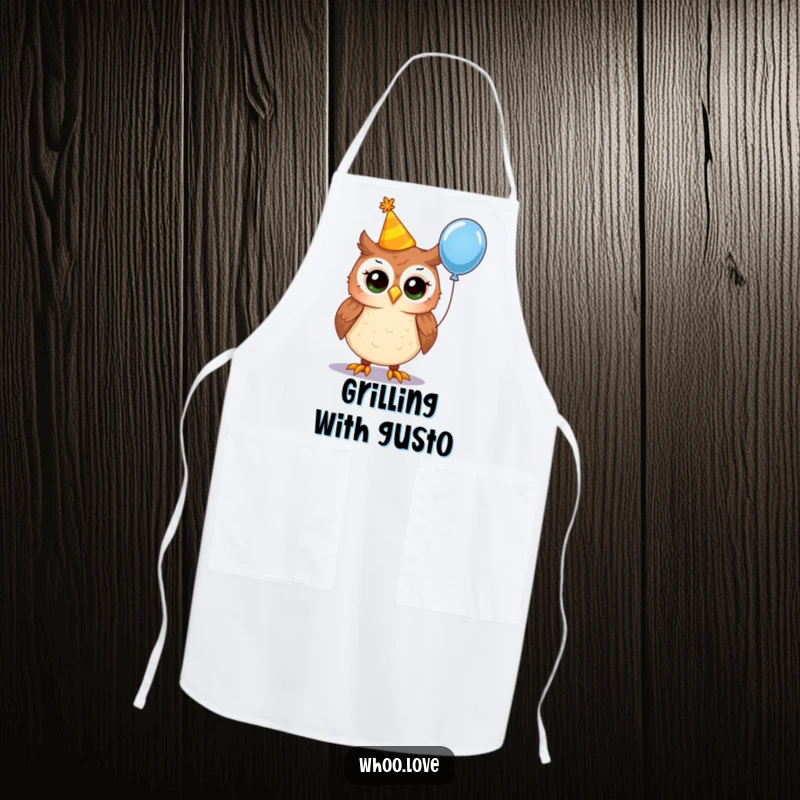 Funny party owl apron, showing an owl wearing a crooked party hat and holding a balloon, a charming and functional kitchen accessory for parties.