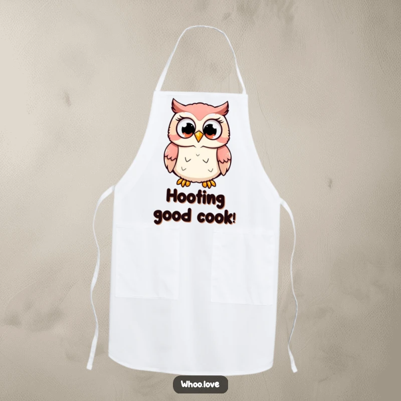 Funny cooking apron featuring a cute owl character hooting with wide, excited eyes, adding joy to the kitchen, a funny gift.