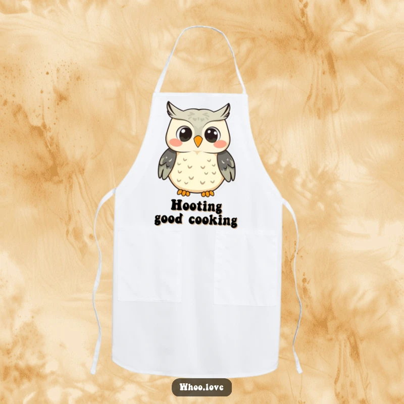 Funny smiling owl character apron, shown hooting with a big smile, ready for kitchen duty with infectious joy.