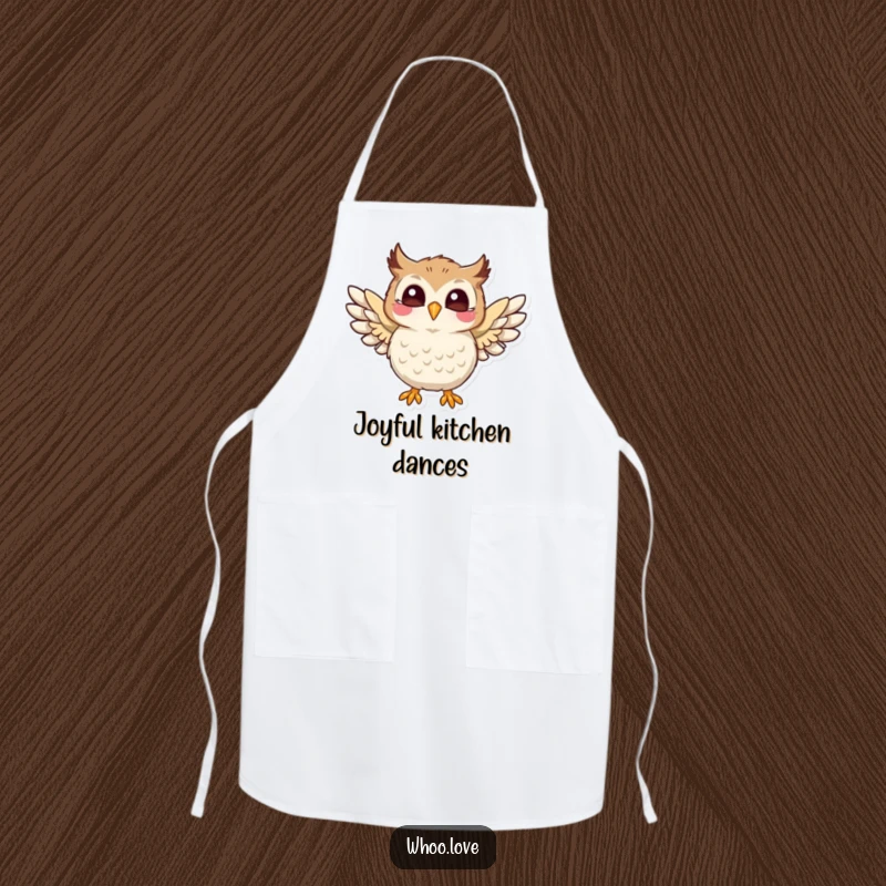 Funny cooking apron featuring a playful owl character flapping its wings with pure joy, perfect for a happy kitchen, a funny gift.