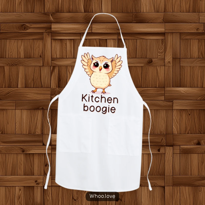 Funny apron with a kawaii owl performing a silly dance with its wings spread wide, perfect for a chef who likes to groove.