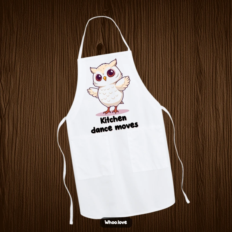 Funny apron designed with an owl character performing a comical and silly dance step with great enthusiasm.