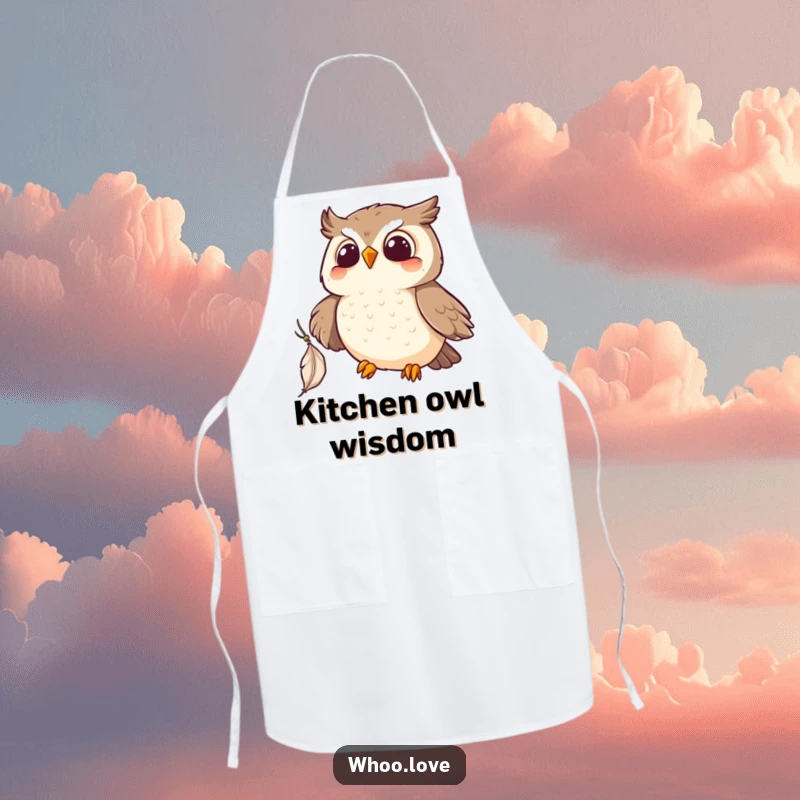 Funny Kawaii owl apron, smiling while catching a feather, ensuring a clean and funny cooking experience. Great gift.