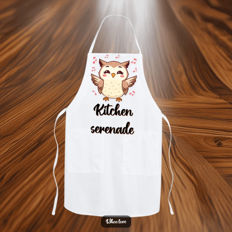 Funny kitchen apron featuring a cheerful owl character hooting joyfully, surrounded by musical notes.