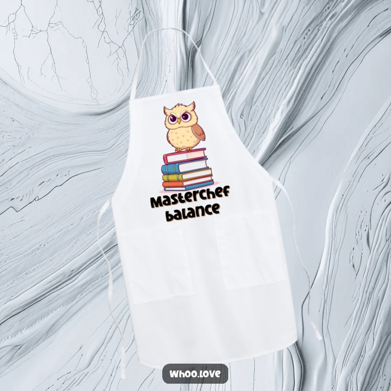 Funny apron with a fluffy owl precariously balancing on books with a determined grin, for a smart kitchen.