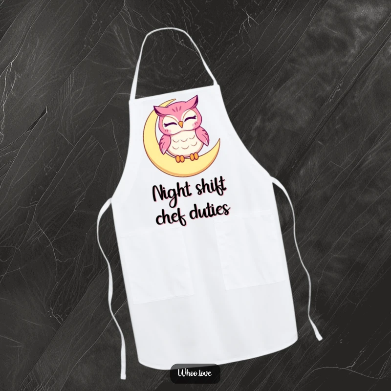 Funny owl apron, a winking character on a crescent moon, kitchen wear for cooks who enjoy humor.